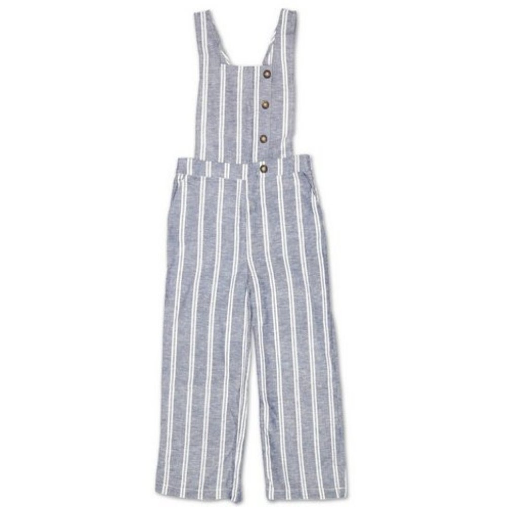 Striped Blue Linen-Blend Overalls Jumpsuit
